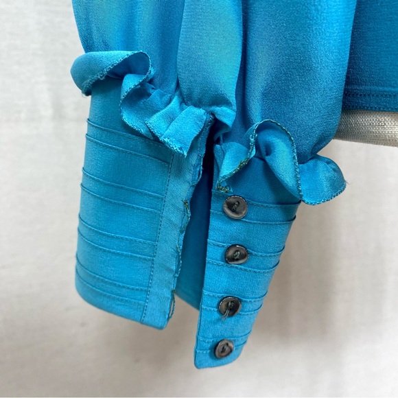 Chloe Vintage Teal Blue Mock Neck Ruffle Blouse - Picture 7 of 10